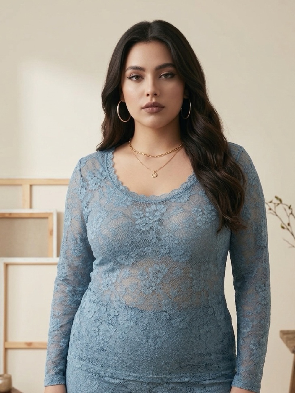 A Rare Bird Vintage Sheer STRETCHY Lace Blue Long-Sleeve Top NEW FALL WINTER
